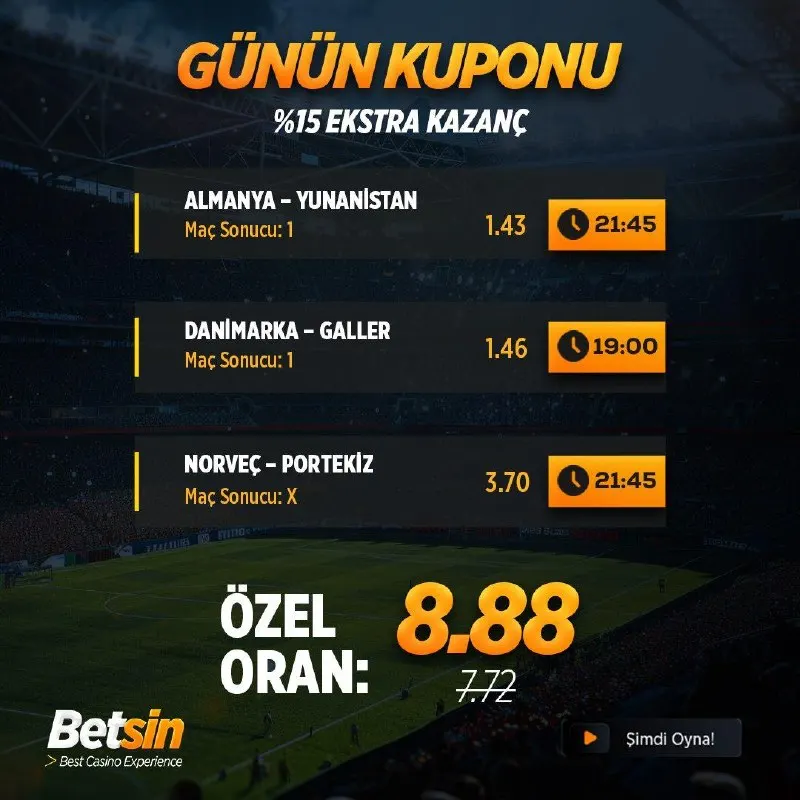 🏆 Günün Kuponu Betsin’de seni bekliyor! 🔥 Seçili maçlardan oluşan günün kuponuyla futbol…
