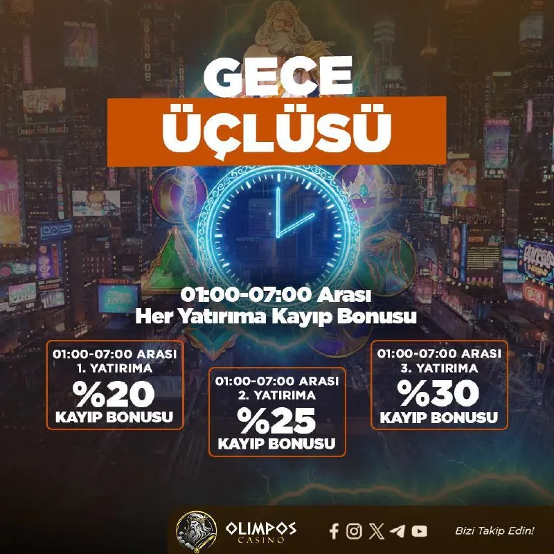 📢 OlimposCasino'dan GECE ÜÇLÜSÜ! 💥 01:00 - 07:00 arası 3 YATIRIMA 3 KAYIP BONUSU! 1⃣…