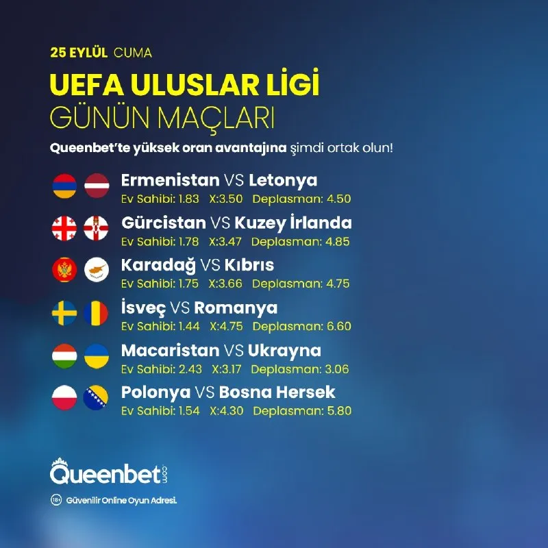🏟 Uluslar Ligi’nde bugün sahne dolu! 📋 Günün maçlarını seç 📈 Yüksek oranları yakala 🔥…