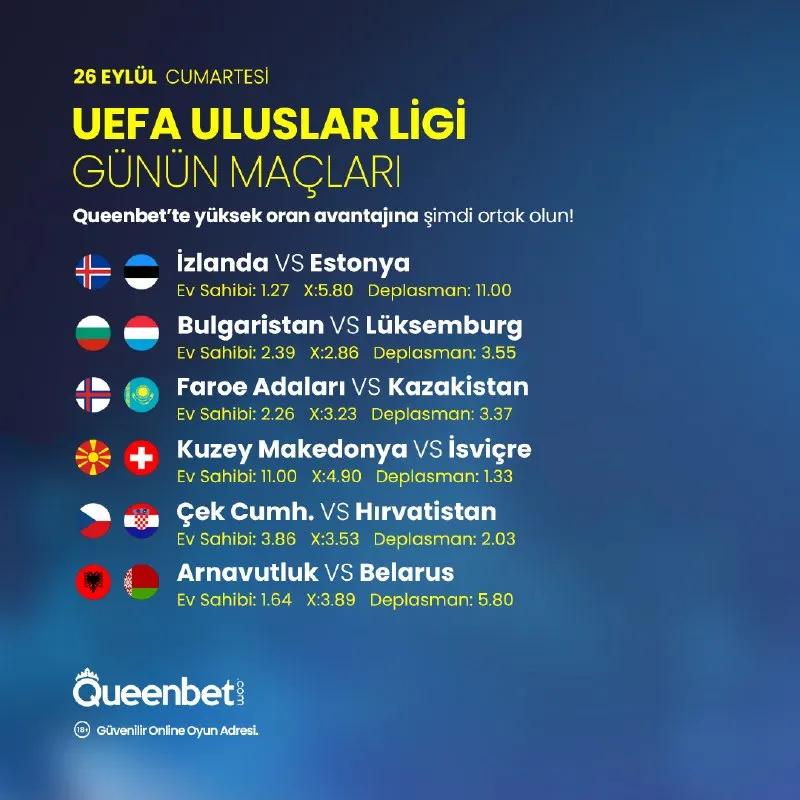 🏟 Uluslar Ligi’nde bugün sahne dolu! 📋 Günün maçlarını seç 📈 Yüksek oranları yakala 🔥…