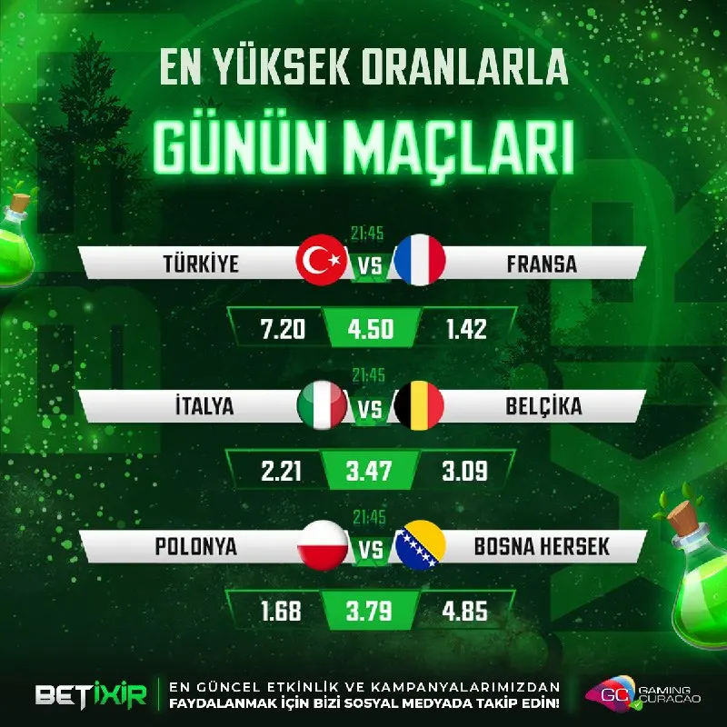 ⬆️ #BetiXir 'den Günün En Çekişmeli Karşılaşmaları ⬆️ 🕒 21:45 - Türkiye ⚔️ Fransa 🕒 21:45…