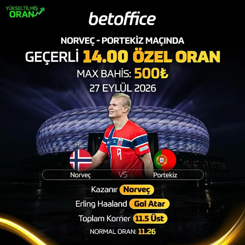🏆 BetOffice'te Günün Maçına Özel Yükseltilmiş Oran! ⚽ Norveç 🆚 Portekiz 📈 Özel Oran…