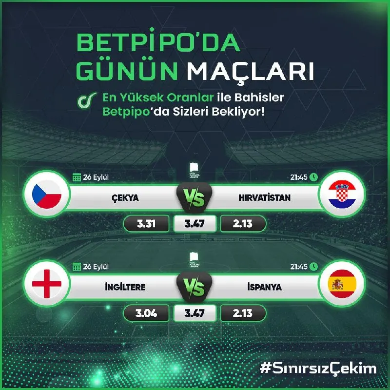 📣 BetPipo’da günün maç heyecanı başlıyor! ⚽️ Çekya - Hırvatistan ⚽️ İngiltere - İspanya 🍀…