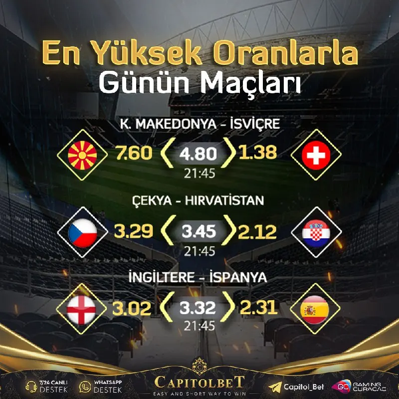 ⬆️ #CapitolBet 'te Günün En Heyecanlı Karşılaşmaları ⬇️ 🕒 21:45 - K. Makedonya ⚔️ İsviçre…