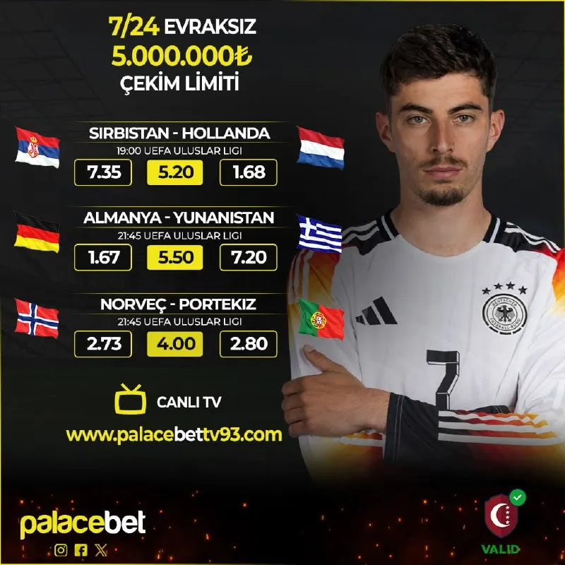 🚨Günün Maçları ve En Yüksek Oranlar #PalaceBet'te! 🚨 ⚽️ SIRBISTAN 🆚 HOLLANDA ⚽️ ALMANYA 🆚…