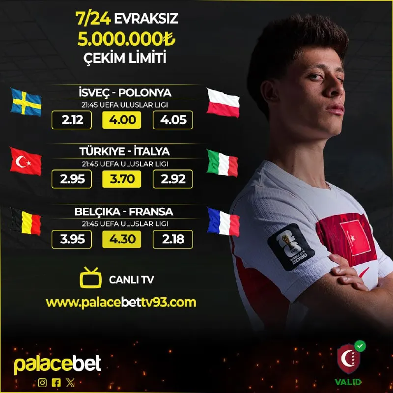🚨Günün Maçları ve En Yüksek Oranlar #PalaceBet'te! 🚨 ⚽️ İSVEÇ 🆚 POLONYA ⚽️ TÜRKIYE 🆚…