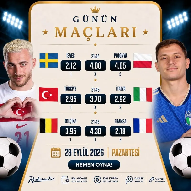 🟡🟡🟡🟡🟡🍏🟡🟡🟡🟡🟡🟡🟡 ⚽️⚽️⚽️⚽️⚽️⚽️⚽️⚽️ Yüksek Oranlarla Günün Maçları Radissonbet'te! 🏁 İsveç…