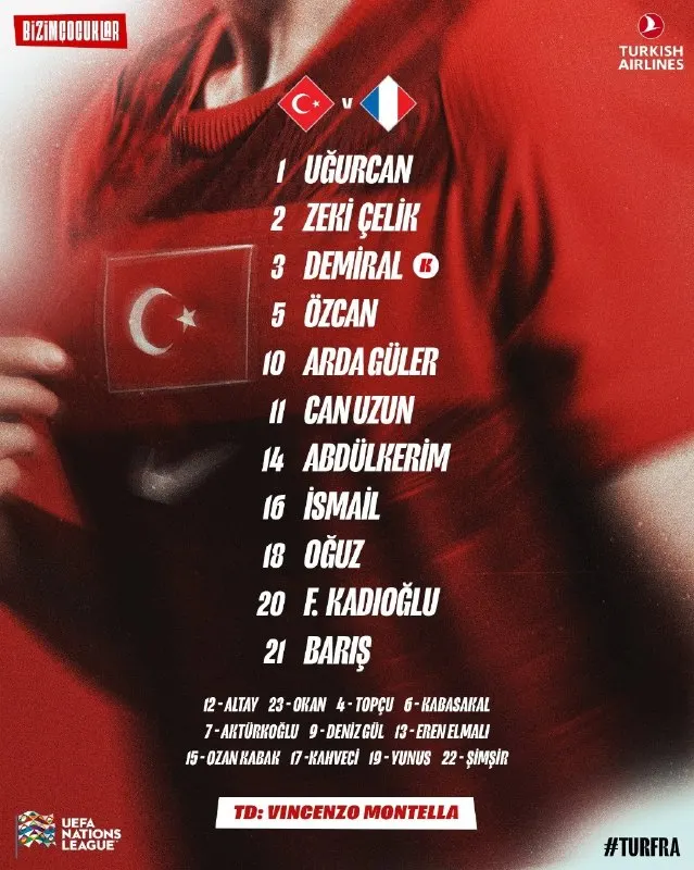 🇹🇷 UEFA Uluslar Ligi ilk maçında, Fransa karşısına bu 11 ile çıkıyoruz! Bizim Çocuklar'a…
