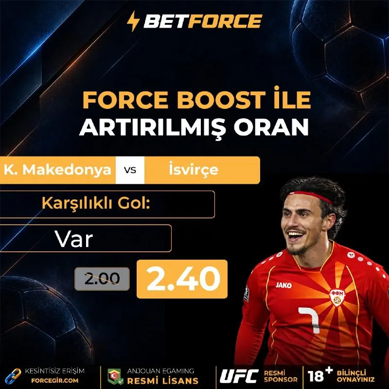 ⚡ FORCE BOOST İLE ORAN YÜKSELDİ! ⚽️ K. Makedonya 🆚 İsviçre ➡️ Karşılıklı Gol: Var 🔥 2.00…