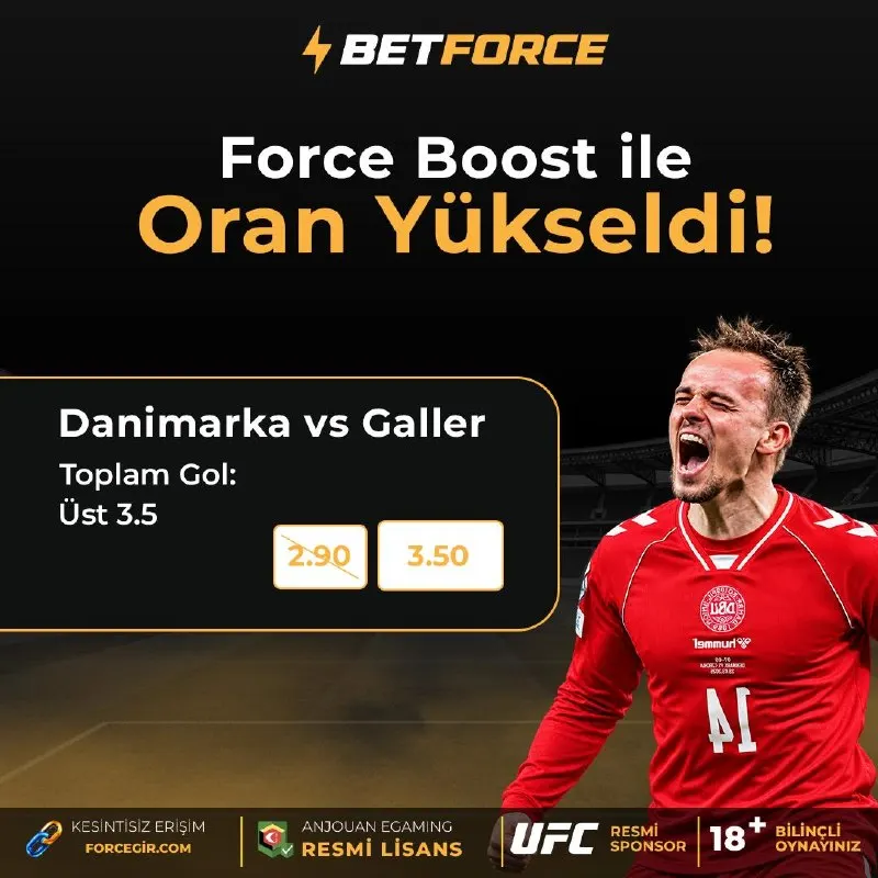 ⚡ FORCE BOOST İLE ORAN YÜKSELDİ! ⚽️ Danimarka 🆚 Galler ➡️ Toplam Gol: Üst 3.5 🔥 2.90 ➜…