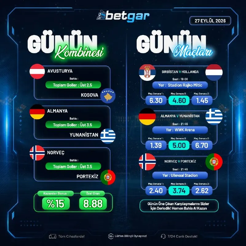 🔥 GÜNÜN SEÇİMLERİ BETGAR’DA! ⚽ Günün maçları ve kazandıran kombinesi hazır. 🤩🤩🤩🤩🤩 Yüksek…