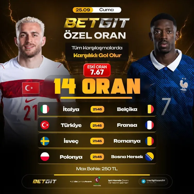 🅰️🅰️🅰️🅰️ 🅰️🅰️🅰️🅰️ ⚽️ Bugün oynanacak olan futbol maçlarına Betgit'ten 14 ÖZEL ORAN! ♦️…